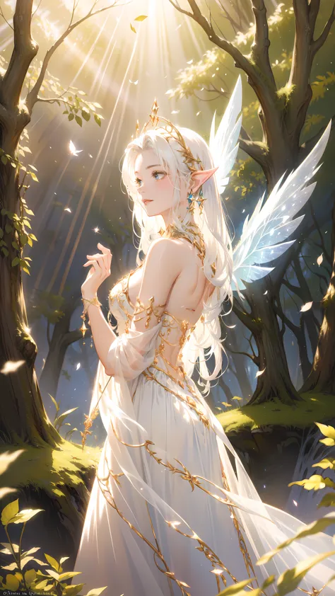 a pixie wearing pixie armor,flying through the magical forest,sparkling fairy dust,floating flower petals,majestic sunlight filt...