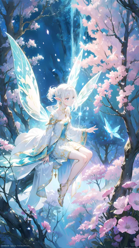 a pixie wearing pixie armor,flying through the magical forest,sparkling fairy dust,floating flower petals,majestic sunlight filt...