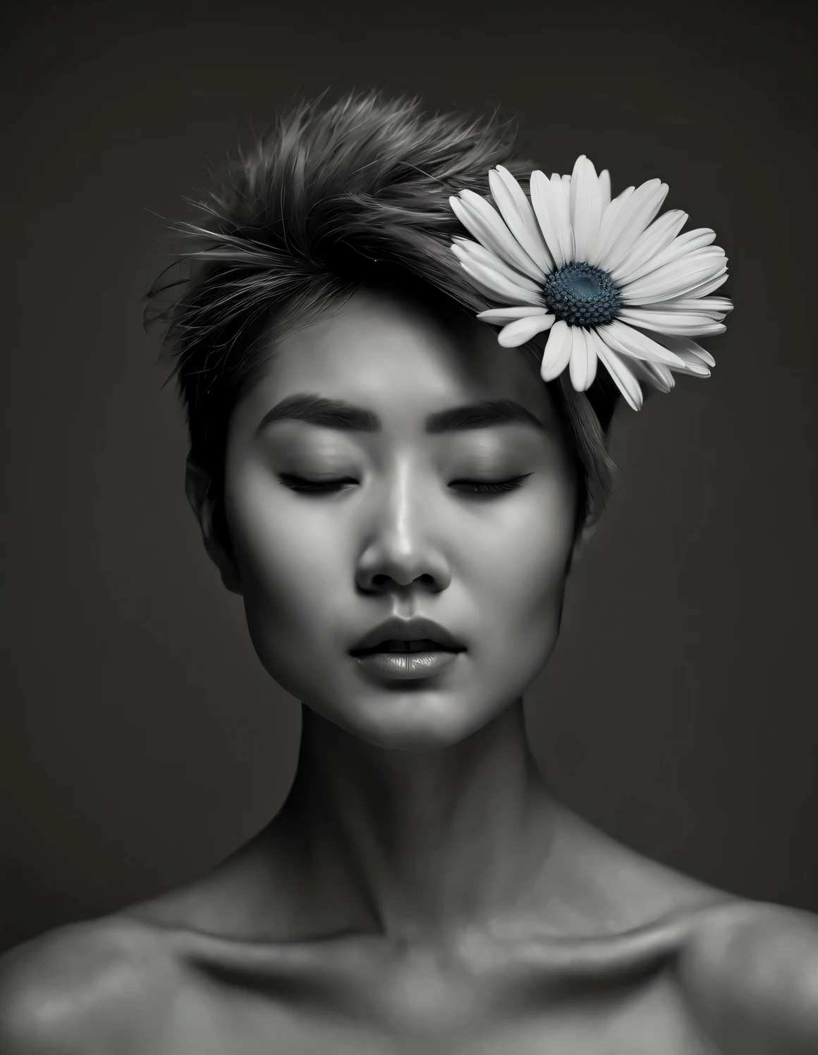 Black and white close-up, studio photography, new romantic style, black and white portrait, Black and white fashion photography style, Graphite painting art style, light field photography style,
(front), Close-up of a beautiful Asian woman with her eyes closed, (The other eye is completely covered with blue daisies: 1.34), Messy and very short hairstyle, silver hair, Inches long, lustrous Some hair, fluffy hair, very short hair, Flattened,
ultra high definition, masterpiece, Accuracy, textured skin, Super details, high detail, high quality, Award-winning, best quality, Level, 16k,