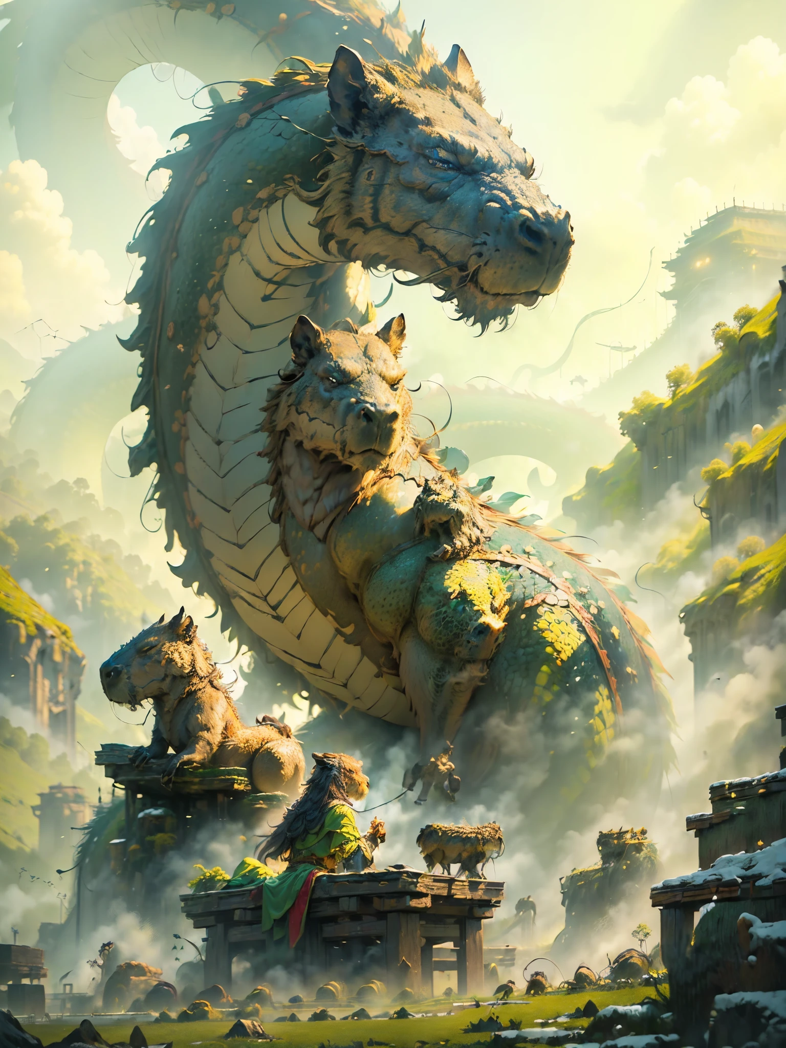 ((masterpiece: 1.5), best quality, extremely detailed, 8k),( huge, muscular capybara) sitting in front of the(Chinese dragon, green skales, yellow glowing skin), open field, dnd, dungeons and dragons, fantasy style 