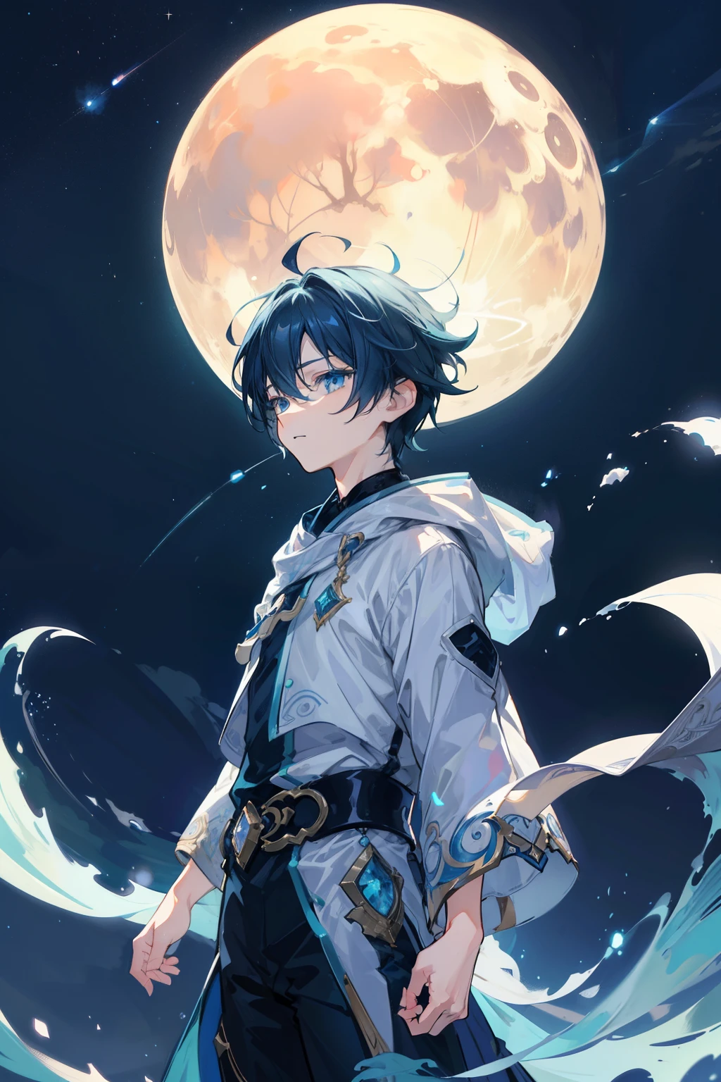 Erstellen Sie exquisite Illustrationen, die an Makoto Shinkai erinnern&#39;s-Stil, Verfügt über ultrafeine Details und erstklassige Qualität. Create an illustration of a boy looking up at the full Mond in a fantastic night sky. Der Junge&#39;s Ausdruck ist neutral, In diesen Augen、Contains awe and admiration for the beauty of the Mond.. Mond, Schweben im fantastischen Nachthimmel, Strahlt ein faszinierendes Leuchten aus, das die umgebenden Wolken und Sterne erhellt. Die gesamte Illustration sollte eine verträumte, außerweltliche Atmosphäre, Versetzt den Zuschauer in eine Welt, in der die Schönheit der Nacht gefeiert wird. Der neutrale Ausdruck auf dem Jungen&#39;s Gesicht、Ermöglicht dem Betrachter, seine eigenen Emotionen auf die Szene zu projizieren, Erleben Sie die zauberhafte Nacht auf ganz persönliche und intensive Weise