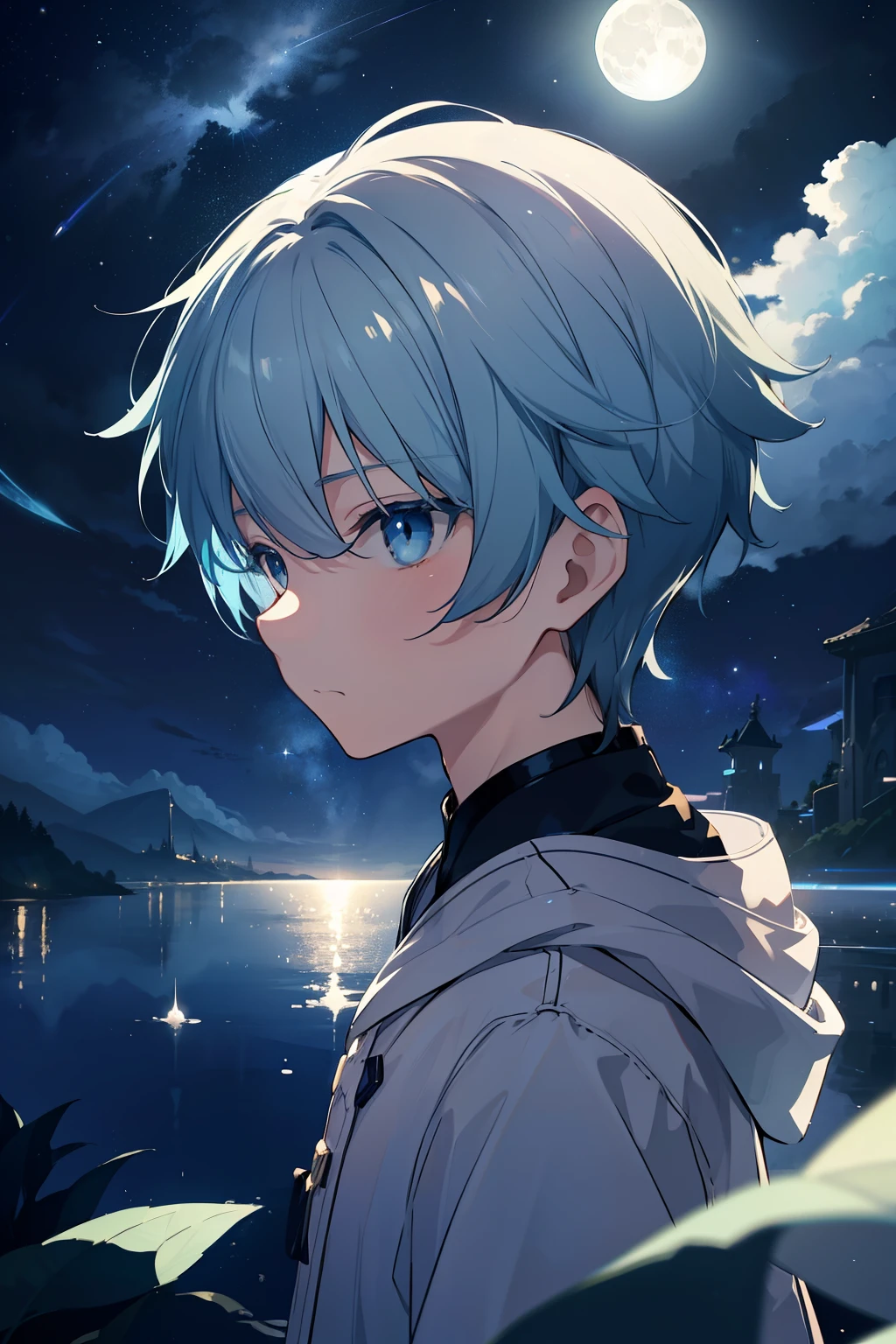 Crie ilustrações requintadas que lembram Makoto Shinkai&#39;estilo, Apresenta detalhes ultrafinos e qualidade de alto nível. Create an illustration of a boy looking up at the full lua in a fantastic night sky. O menino&#39;A expressão é neutra, Nesses olhos、Contains awe and admiration for the beauty of the lua.. lua, Flutuando no fantástico céu noturno, Emite um brilho hipnotizante que ilumina as nuvens e estrelas circundantes. Toda a ilustração deve evocar um sonho, atmosfera sobrenatural, Transporta os espectadores para um reino onde a beleza da noite é celebrada. A expressão neutra do menino&#39;cara、Permite que o espectador projete suas próprias emoções na cena, Faça uma conexão pessoal e envolvente com a noite encantadora