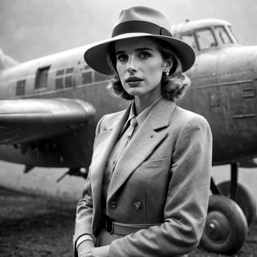 Emma Roberts como Ingrid Bergman en la película Casablanca. Lleva un sombrero gris clásico con una banda negra.. traje gris. en el extranjero. por la noche. niebla. En el fondo desenfocado, un avión Lockheed Modelo 12 Electra Junior. Fotografía en blanco y negro al estilo cinematográfico de la década de 1940.. cuerpo completo