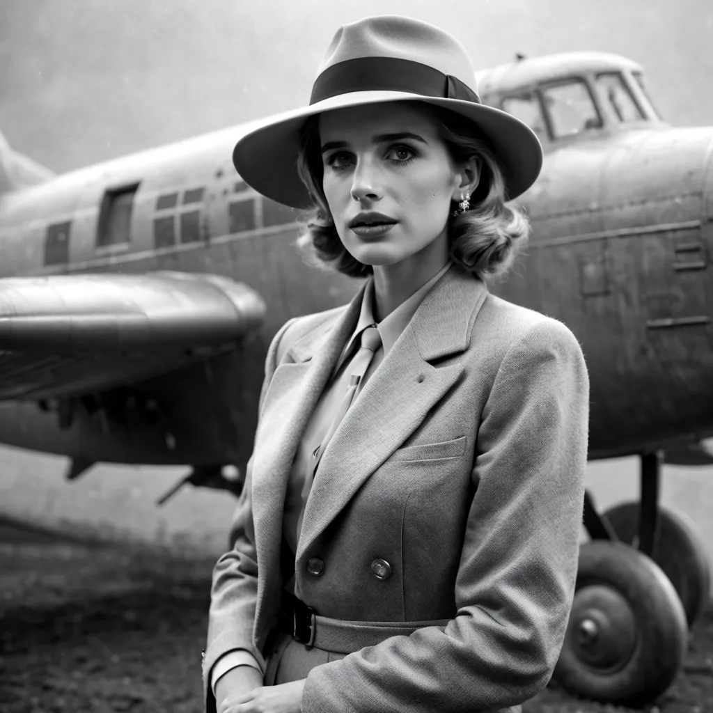 Emma Roberts as Ingrid Bergman in the film Casablanca. She wears a classic gray hat with a black band. Grey suit. Abroad. At nig...