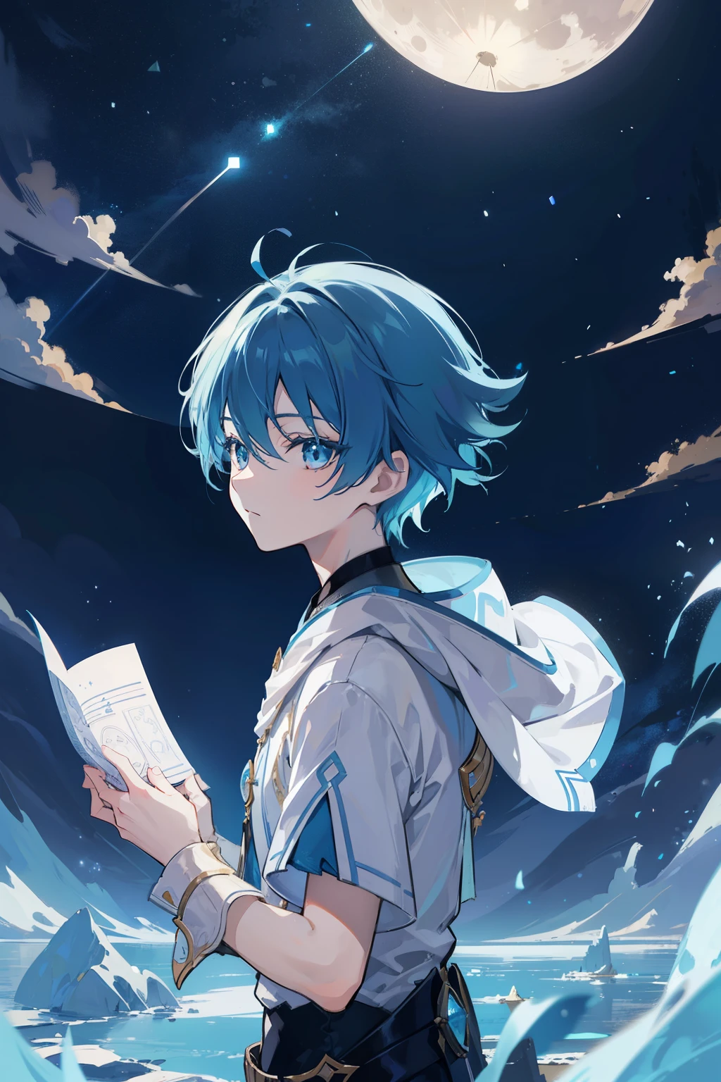 Crie ilustrações requintadas que lembram Makoto Shinkai&#39;estilo, Apresenta detalhes ultrafinos e qualidade de alto nível. Create an illustration of a boy looking up at the full lua in a fantastic night sky. O menino&#39;A expressão é neutra, Nesses olhos、Contains awe and admiration for the beauty of the lua.. lua, Flutuando no fantástico céu noturno, Emite um brilho hipnotizante que ilumina as nuvens e estrelas circundantes. Toda a ilustração deve evocar um sonho, atmosfera sobrenatural, Transporta os espectadores para um reino onde a beleza da noite é celebrada. A expressão neutra do menino&#39;cara、Permite que o espectador projete suas próprias emoções na cena, Faça uma conexão pessoal e envolvente com a noite encantadora