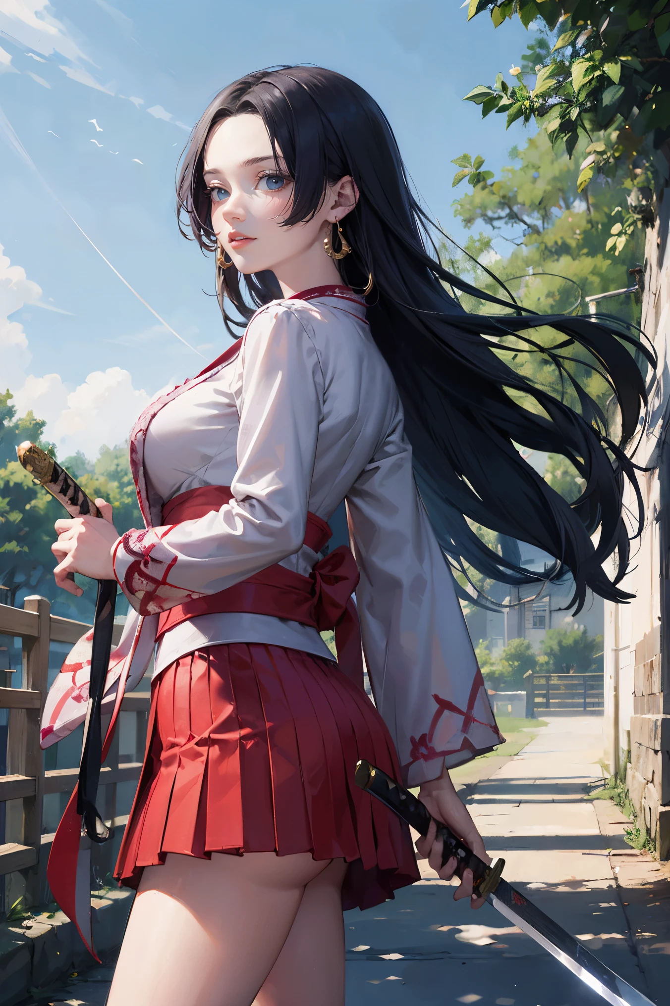 masterpiece, Best Quality, absurderes, Perfect Anatomy, Unity 8k Wallpapers,best anime,shoot from front,cowboy shot,20 year old beauty、boa hancock,black hair,long hair, ,slender body,large breasts,Turn your body to the viewer、waitress,Japanese clothing、Red pleated mini skirt、holding a Japanese sword、A Japanese sword drawn with precision and accuracy、Ready to fight with a sword、outdoor、wilderness、