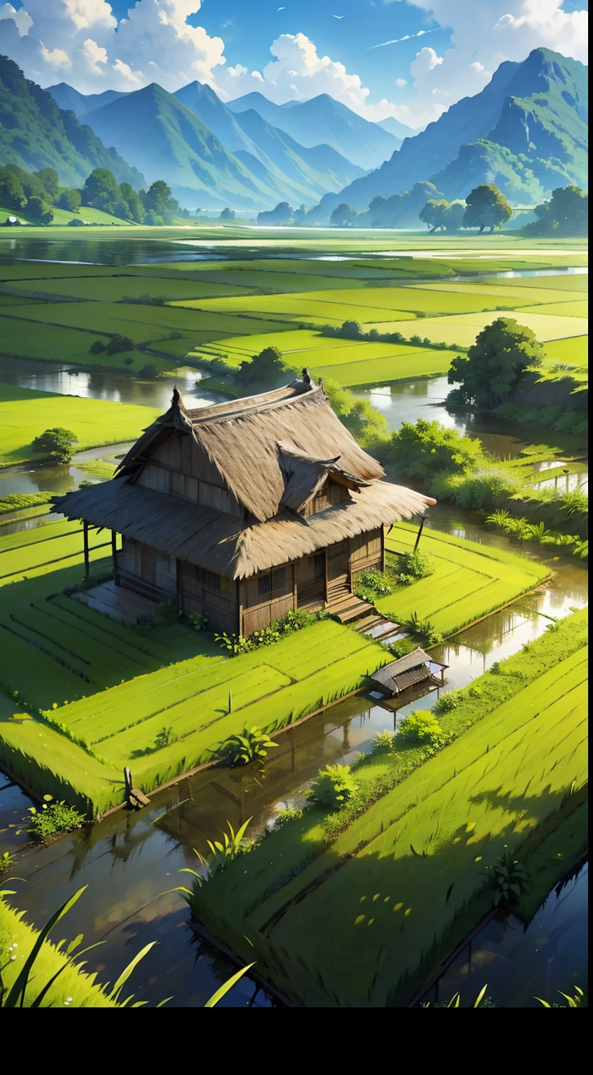 Created with the image of a quiet rural landscape surrounded by lush rice fields.。. drawing an old house made of weathered wood, With thatched roof and entrance porch. Showing a house nestled in a rice field, work in the fields、With farmers harvesting golden grain. Enhance the scene with a meandering stream or nearby calm river, Shows bright green