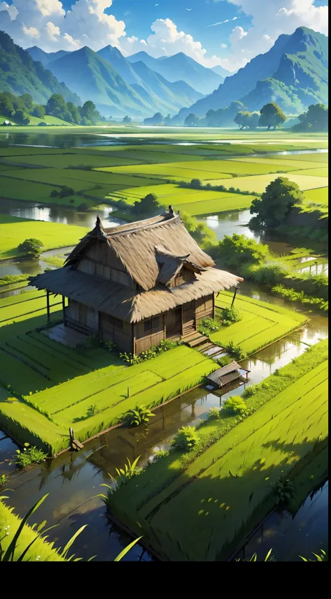 Created with the image of a quiet rural landscape surrounded by lush rice fields.。. drawing an old house made of weathered wood,...