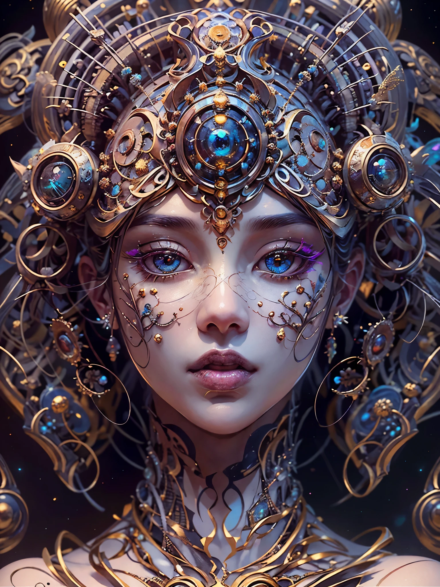 （best qualtiy，ultra - detailed，Most Best Illustration，Best shadow，tmasterpiece，A high resolution，professionalartwork，famousartwork），Detailed eyes，beautidful eyes，closeup cleavage，sci-fy，colored sclera，Robot eyes，face markings，Tattooed with，（fractalized，Fractal eyes），largeeyes，Wide eyes，（Eye focus），sface focus，Cosmic eyes，Space eyes，Close-up of metal sculpture of a woman with a moon in her hair，goddes。extremly high detail，3 d goddess portrait，Extremely detailed footage of the goddess，a stunning portrait of a goddess，Side image of the goddess，portrait of a beautiful goddess，Full body close-up portrait of the goddess，hecate goddess，portrait of a norse universe goddess，goddess of space and time