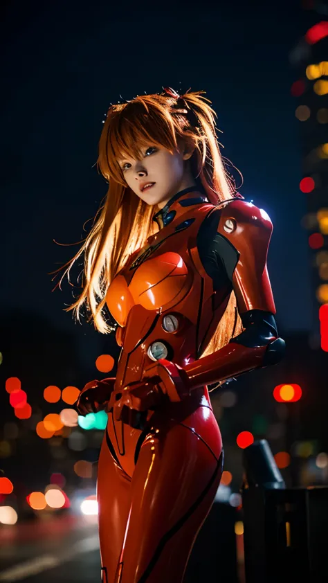 a sexy 15 years old german girl, red hair, cosplay as asuka langley, wearing tight red plugsuit, futuristic cyberpunk at night, ...