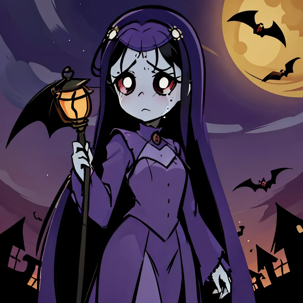 best quality, masterpiece,   Misery_(ruby gloom), blue skin, colored skin, purple dress, light purple bodice, white collar, purple veil, shepherd cane with a skull lantern, long hair, black hair, thin eyebrows, (pitch black eyes, white pupils), crying, bags under eyes, standing, holfing shepherd cane with skull lantern, outside, infront of gothic mansion, night, putple sky, halloween, spooky, horror setting, bats flying