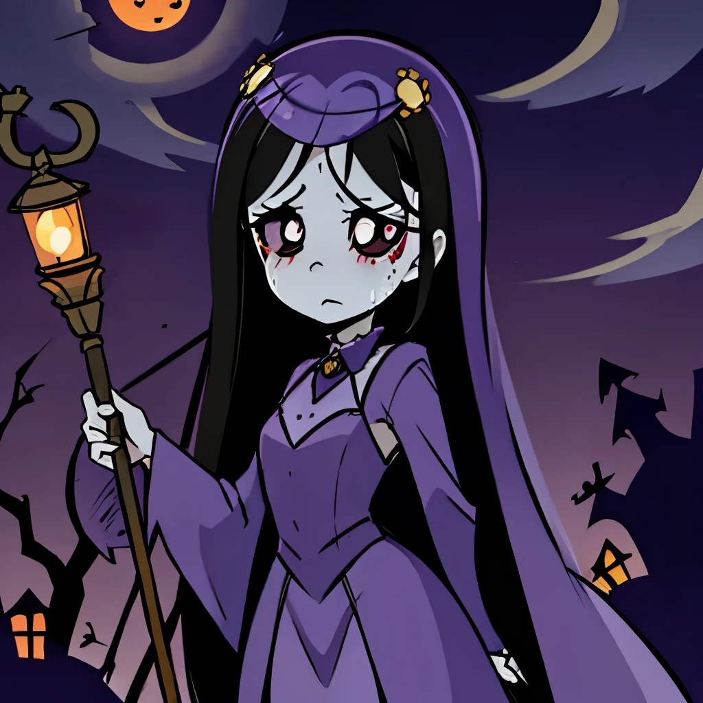 best quality, masterpiece,   Misery_(ruby gloom), blue skin, colored skin, purple dress, light purple bodice, white collar, purple veil, shepherd cane with a skull lantern, long hair, black hair, thin eyebrows, (pitch black eyes, white pupils), crying, bags under eyes, standing, holfing shepherd cane with skull lantern, outside, infront of gothic mansion, night, putple sky, halloween, spooky, horror setting, bats flying