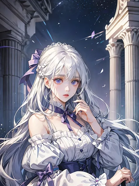 one girl、noble、daughter、white hair、purple eyes、droopy　eyes、white and light blue dress、ribbon、very cute、palace、Princess、long hair...