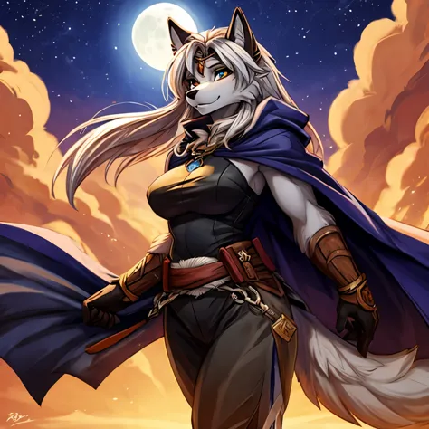 a female anthropomorphic wolf, pelos prateados com detalhes cinza claro, cabelo prateado, olhos castanhos escuro, orelhas ligeir...