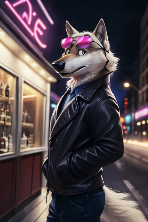 cute cartoon of a (gary \(zootopia\)) wearing a (leather jacket) and (sunglasses), solo,  wolf, white fur, 
BREAK,
background ga...
