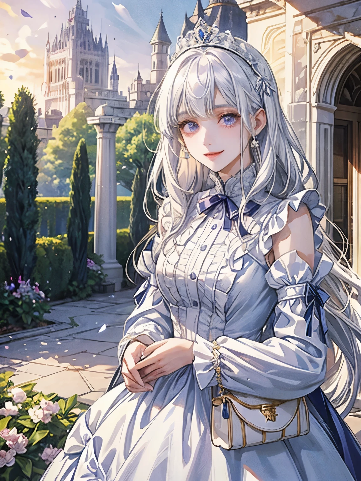 Una chica、noble、hija、pelo blanco、ojos morados、caído　eyes、vestido blanco y azul、cinta、muy lindo、palacio、Princesa、pelo largo、Alta resolución、sonrisa、manga larga、Bolso blanco、jardín