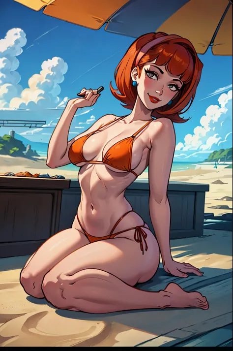 (masterpiece, best quality:1.2),  linda_flynn-fletcher, 1girl, jewelry, earrings, solo, lipstick, hairband, makeup, breasts, large breasts, orange hair, short hair, crossed legs,  smile, sitting, outdoors, beach, day, looking at viewer, wariza, sky, closed...
