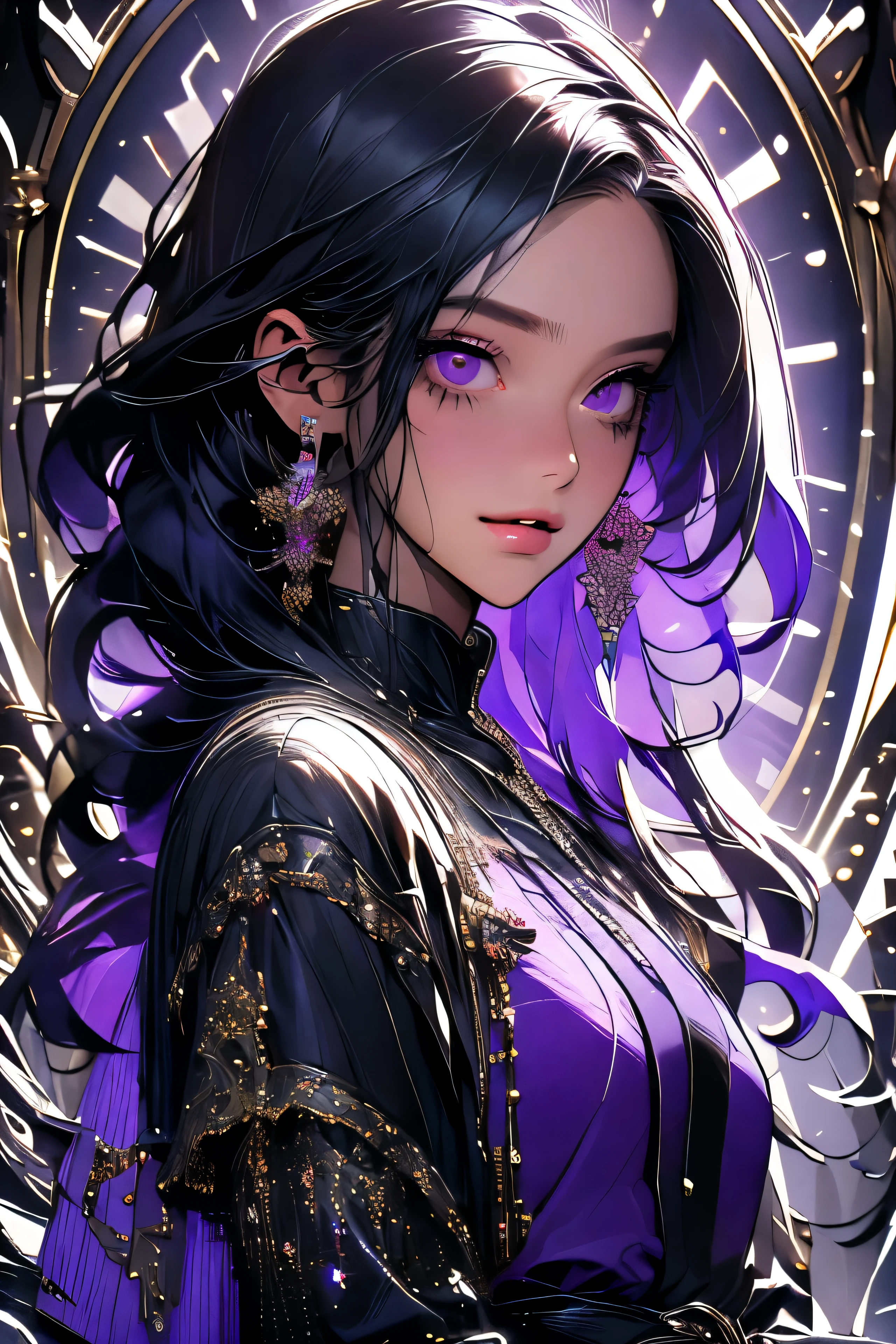 (best quality, 8k, 32k, masterpiece, UHD:1.2), highres, sharp focus, detailed outfit, absurdres, key visual,++++, beautiful detailed hair, delicate details, *****, (((RAW, pixiv)), 1 girl, expressive eyes, perfect face, black skin tone, long black hair, purple eyes, slightly chubby, smiling, purple shirt, black shorts