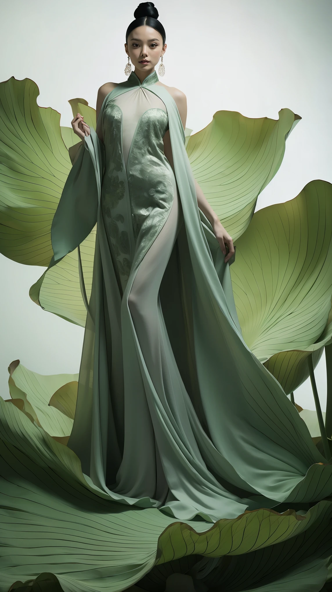 ((Best quality)), ((Masterpiece)), ((Realistic)), 1girl, solo,lotus_leaf_fairy,fullbody shoot，beautiful，Dynamic movements, anatomically correct, traditional Chinese clothing, design, ultra-clear, extreme details