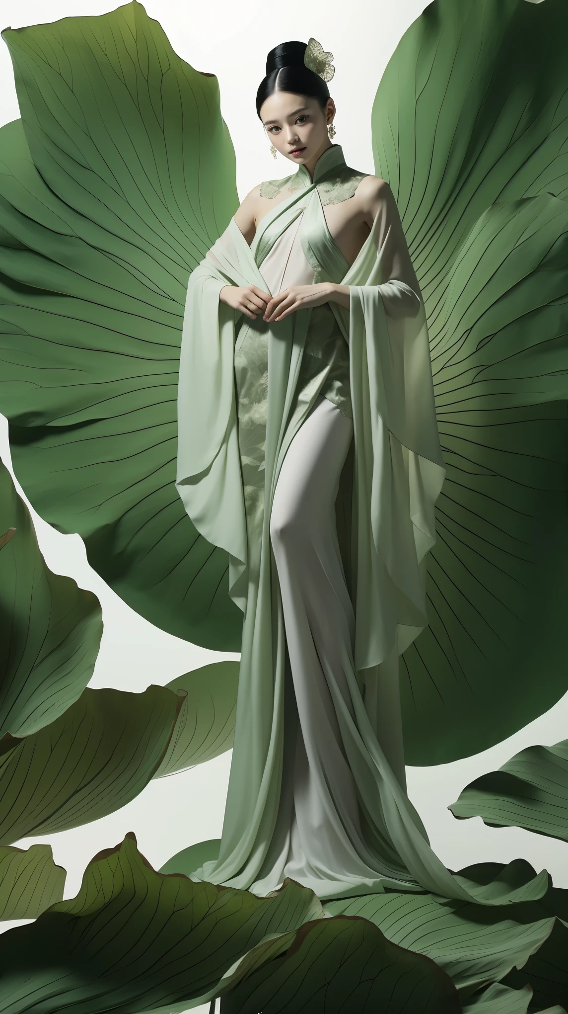 ((Best quality)), ((Masterpiece)), ((Realistic)), 1girl, solo,lotus_leaf_fairy,fullbody shoot，beautiful，Dynamic movements, anatomically correct, traditional Chinese clothing, design, ultra-clear, extreme details