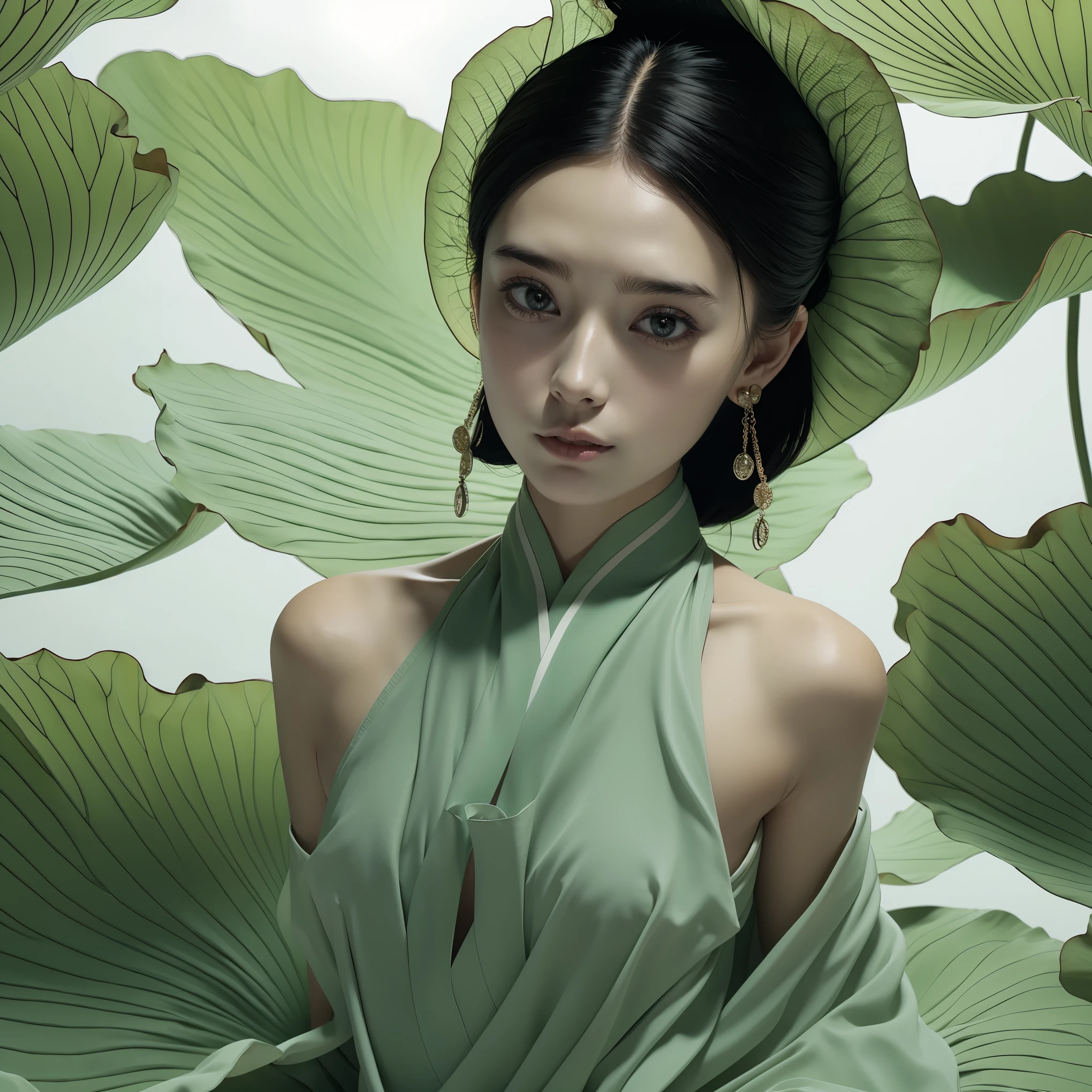 ((Best quality)), ((Masterpiece)), ((Realistic)), 1girl, solo,lotus_leaf_fairy,close-up，beautiful，Dynamic movements, anatomically correct, traditional Chinese clothing, design, ultra-clear, extreme details