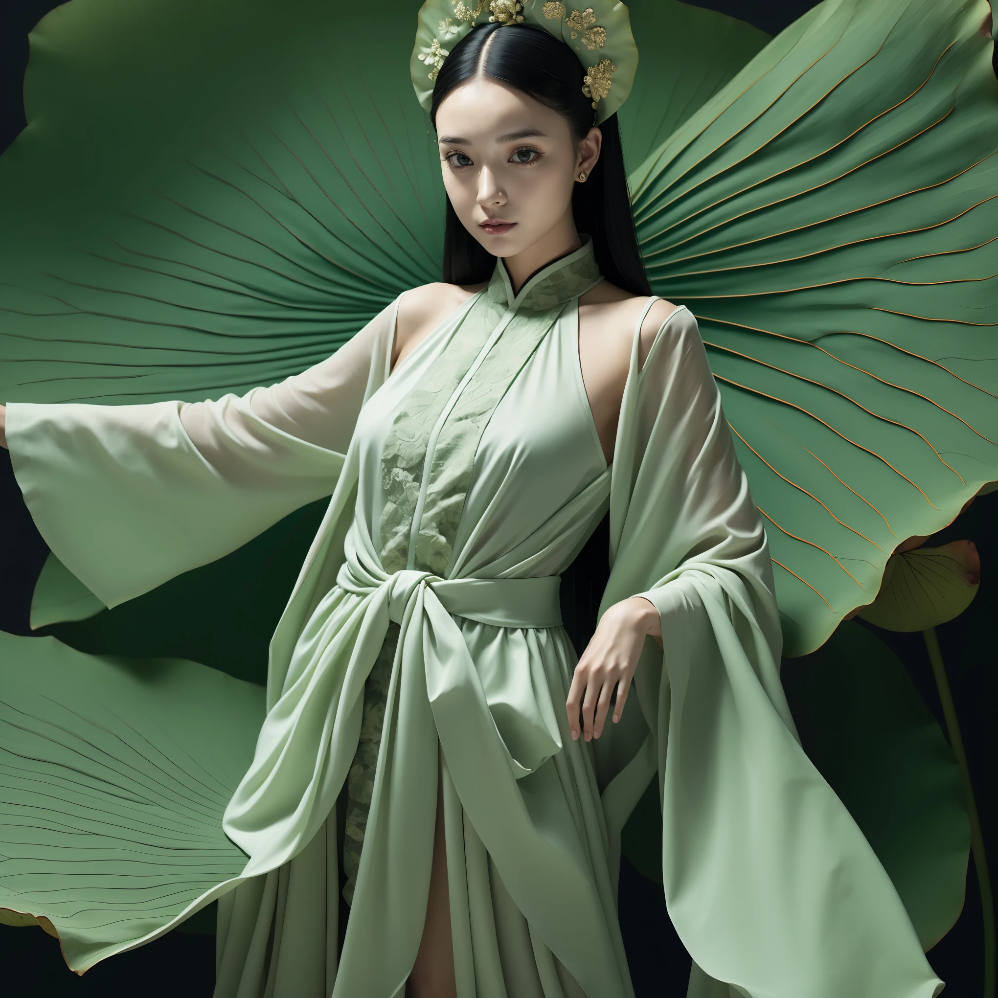 ((Best quality)), ((Masterpiece)), ((Realistic)), 1girl, solo,lotus_leaf_fairy,close-up，beautiful，Dynamic movements, anatomically correct, traditional Chinese clothing, design, ultra-clear, extreme details