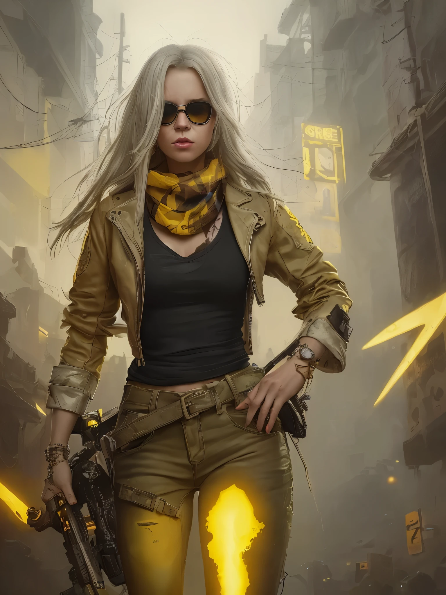 epic realistic, portrait of hot female halo, deep v neck vest, big , white hair, sunglasses, tartan scarf, yellow tshirt, brown leather jacket, by atey ghailan, by greg rutkowski, by greg tocchini, by james gilleard, by joe fenton, by kaethe butcher, gradient yellow, black, yellow color scheme, yellow grunge aesthetic, graffiti tag wall background, art by greg rutkowski and artgerm, soft cinematic light, adobe lightroom, photolab, hdr, intricate, highly detailed, depth of field, faded, neutral yellow colors, hdr, muted colors, hyperdetailed, artstation, cinematic, warm yellow lights, dramatic yellow light, intricate details, complex background, (teal and orange:0.4)
