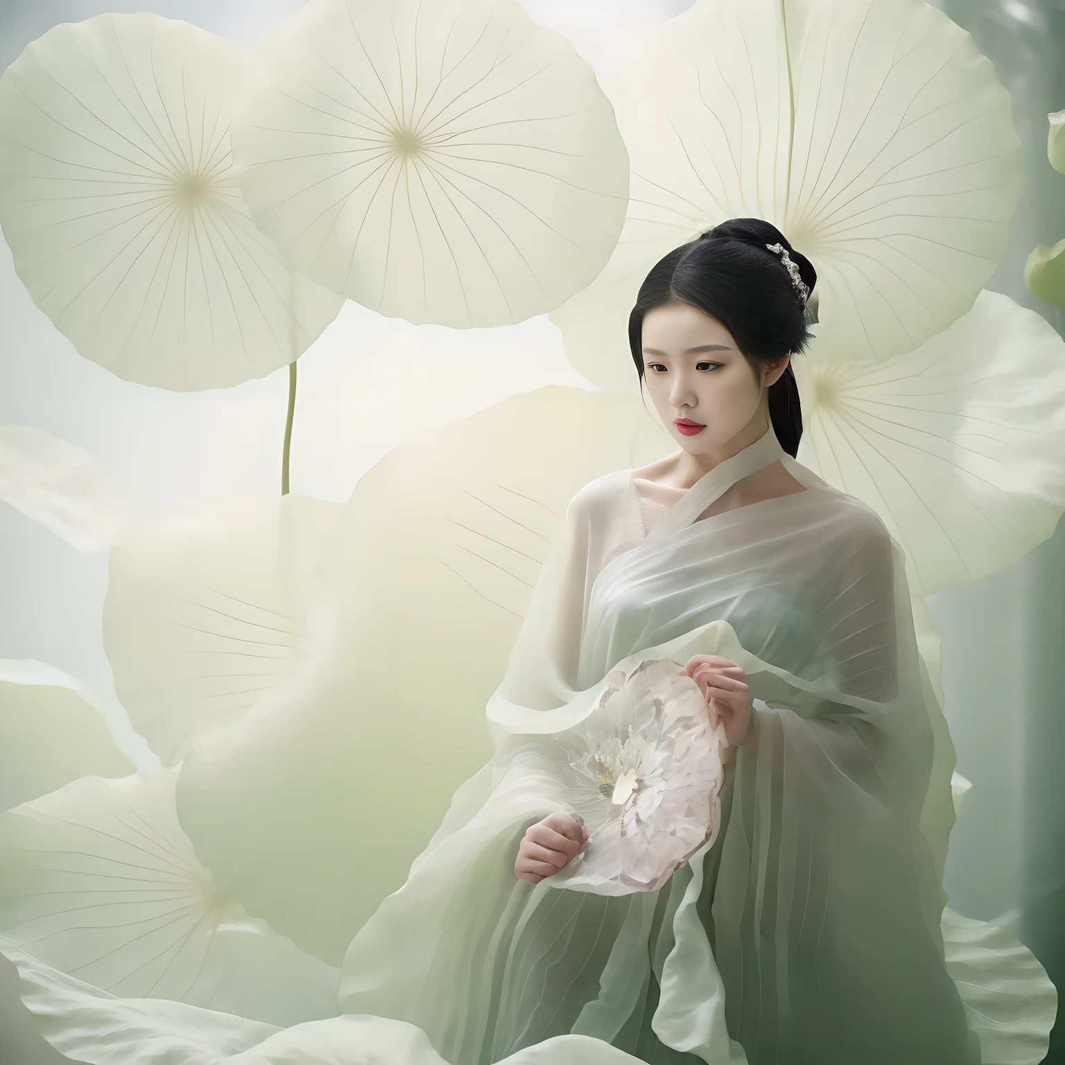 有一个穿着白色skirt的女人拿着一把粉红色的扇子, palace ， girl wearing hanfu, Inspired by Tang Yifen, white hanfu, Inspired by Tang Yin, jingna zhang, Inspired by Yoon Doo Ri, Inspired by Zhang Yan, Inspired by Qiu Ying, Inspired by Chen Yifei, Inspired by Zhang Wo, Chinese fantasy，1 girl，alone，Giant lotus leaf，black hair，skirt，looking at the audience，whiteskirt，OK，sitting，单OK，Leaves，long sleeves，red lips，actual