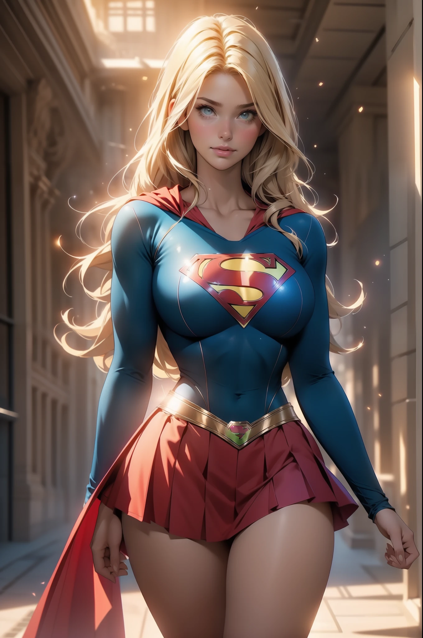 nsfw: 1.5, masterpiece, best quality, high quality, high definition, high quality textures, high quality shadows, high definition, beautiful detail, highly detailed CG, detailed textures, realistic representation of faces, realistic, colorful, delicate , cinematic lights, side lights, lens flares, ray tracing, sharp focus, supergirl, ((best quality, masterpiece, absurd, 8k)), 1 girl, solo, 21 years old,Supergirl(Helen Slater), huge breasts, huge breasts, long hair down to her hips, long hair,low hair, voluminous hair, white skin tone, green eyes, sparkling expressive eyes, huge breasts, she is supergirl, Supergirl  , japanese sailor school uniform female  Supergirl, costume female school,stocking 7/8 ,superman suit, blushing, embarrassed expression, shy smile, building terrace, daytime, pretty, young woman, hands behind) (1girl, __focus__:1.3), (intricate details, makeup , PureErosFace_V1:0.5), (delicate beautiful face with details, Delicate eyes beautiful in details, perfect face proportions, dense skin, ideal proportion of four fingers and one thumb, arms under the chest, huge breasts, miniskirt,upskirt,wide hips, flat upper abdomen , thin, dressed, blonde: 1.3), bed, no hands, perfect eyes, detailed eyes, show midriff, sexy, cleavage