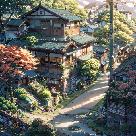 anime scenery of a street with a path and a house, japanese village, japanese town, japanese street, anime background art, anime...