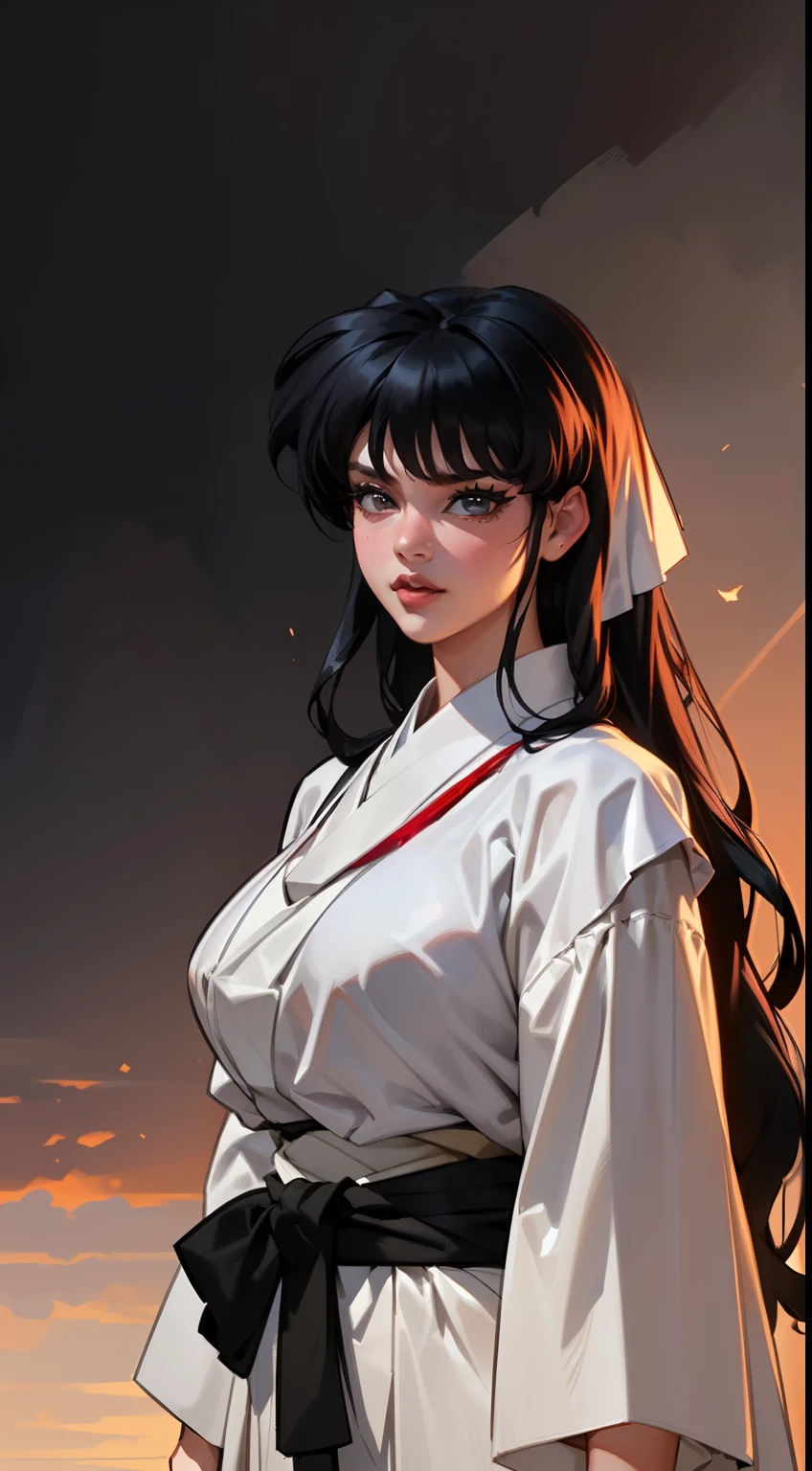 ((Dynamic view)), (((1girl:1.8))), ((long hair:1.3)),  style, ((hair bangs:1.4)), anime style, (((kikyo))) (((black hair:1.6))) (((smoldering eyes))), ((kimono band around waist:1.5)), ((inuyasha)), 8k, 4k, Unreal Engine 5, octane render, ((gigantic breasts)), trending on pixiv, ((inuyasha character)) ((red kimono:1.4)), , skeb,  masterpiece,(skindentation:1.4), (full lips:1.5), ((white kimono on top:1.4)), (((sunset lighting))), smooth soft skin, big dreamy eyes, beautiful anime wide eyes, black background, concept art, digital painting,