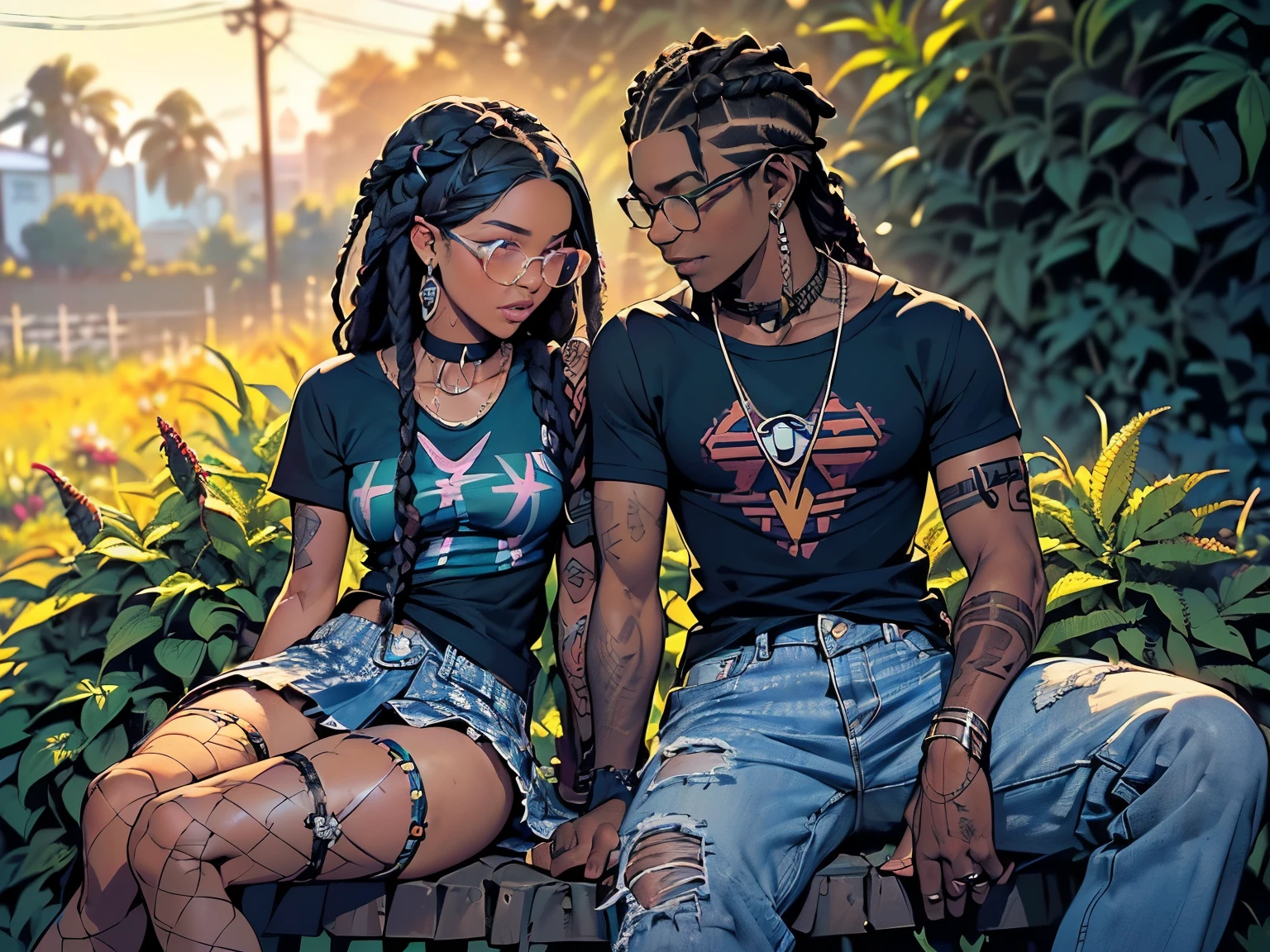 Photo of two people in love spending a quiet morning together, {((joyful ((lithe short ((dark-skinned Honduran)) punk girl with long freeform braided locs hairstyle and hairy legs)) (wearing cropped punk T-shirt and pleated skirt with fishnet stockings), plump thighs and soft big jiggly butt, (wearing diamond choker necklace), (cannabis flower tattoos on arms and legs), plump legs spread apart}, girl sitting next to a ((cheerful tanned Haitian Dominican boy with long braided hair and glasses wearing colorful "death metal" shirt with houndstooth jeans)) in middle of garden rolling up herbal joint while peacefully observing the sunrise, high quality photo, sitting quietly (with many cannabis sativa plants and juniper shrubs in garden during foggy sunrise)