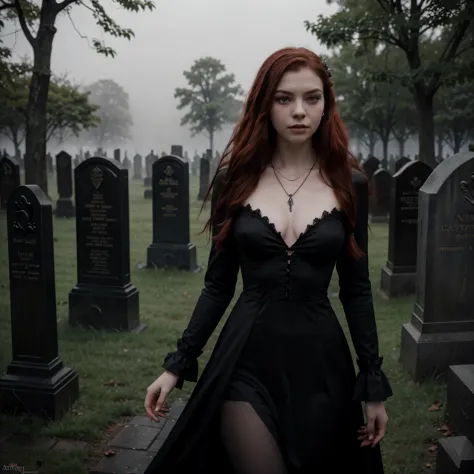 arafed woman in a black dress with short messy wavy red hair and a necklace, promotional still, anya taylor - joy vampire queen,...