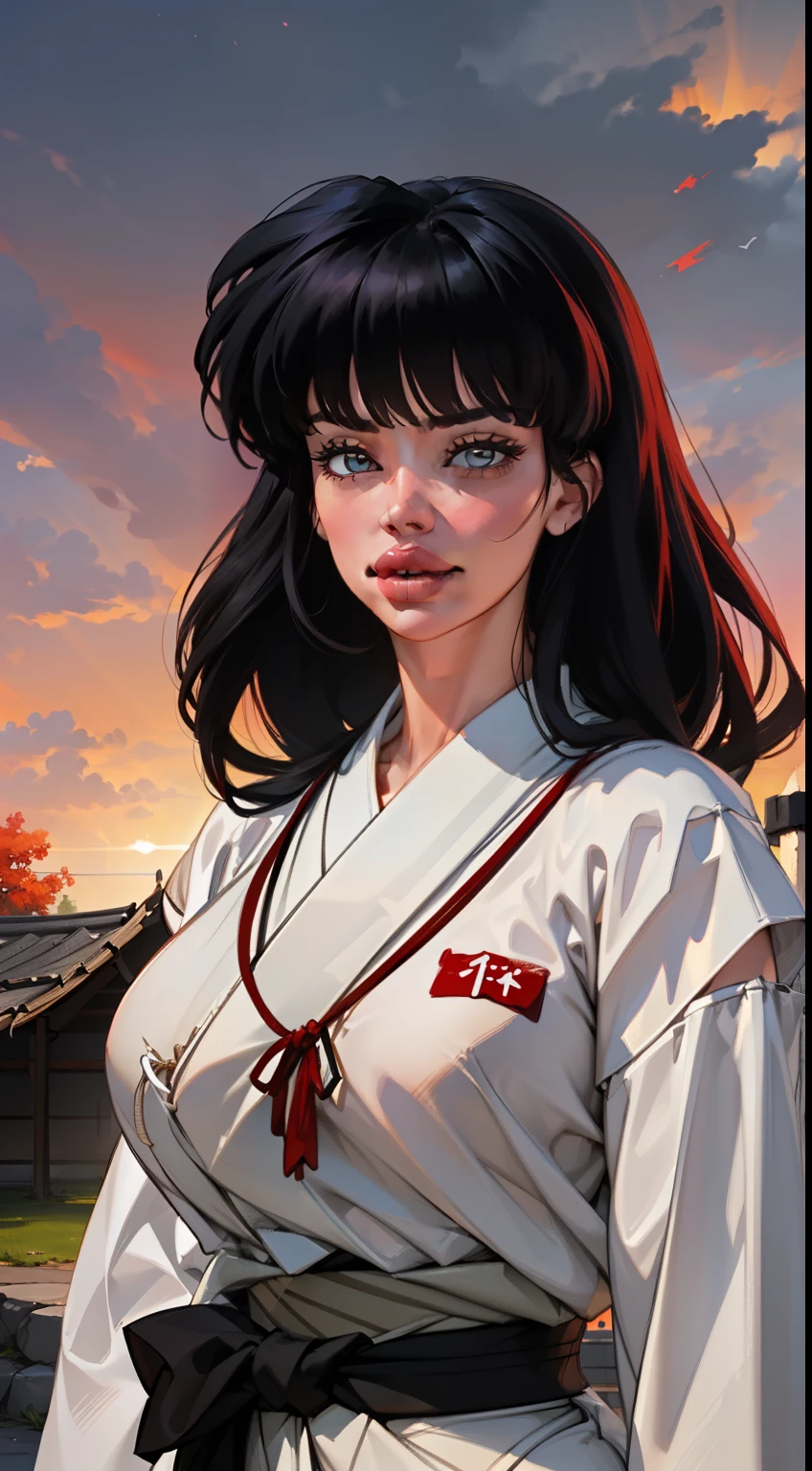 ((Dynamic view)), (((1girl:1.8))), ((long hair:1.3)),  style, ((hair bangs:1.4)), anime style, (((kikyo))) (((black hair:1.6))) (((smoldering eyes))), ((red kimono band around waist:1.5)), ((bow and arrow on back)), 8k, 4k, Unreal Engine 5, octane render, ((gigantic breasts)), trending on pixiv, ((inuyasha character)) ((red kimono:1.4)), , skeb,  masterpiece,(skindentation:1.4), (full lips:1.5), ((white kimono on top:1.4)), (((sunset lighting))), smooth soft skin, big dreamy eyes, beautiful anime wide eyes, black background, concept art, digital painting,