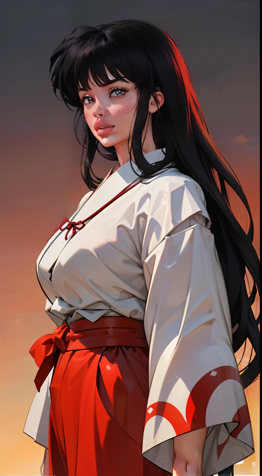 ((Dynamic view)), (((1girl:1.8))), ((long hair:1.3)),  style, ((hair bangs:1.4)), anime style, (((kikyo))) (((black hair:1.6))) (((smoldering eyes))), ((bow and arrow on back)), 8k, 4k, Unreal Engine 5, octane render, ((gigantic breasts)), trending on pixiv, ((inuyasha character)) ((red kimono:1.4)), , skeb,  masterpiece,(skindentation:1.4), (full lips:1.5), ((red and white kimono:1.4)), (((sunset lighting))), smooth soft skin, big dreamy eyes, beautiful anime wide eyes, black background, concept art, digital painting,