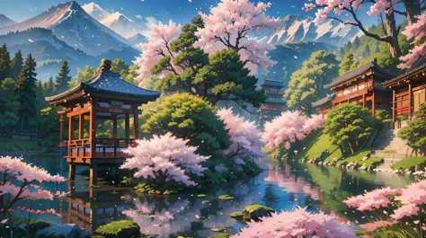 Beautiful shrine landscape, cherry blossoms, pines, anime background art, Japan art style, beautiful anime scene, detailed scene...