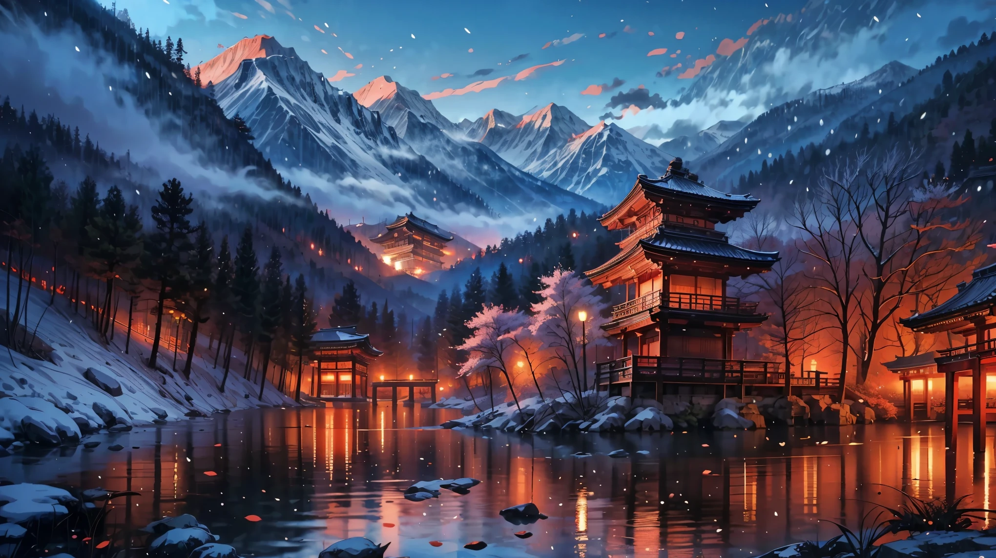 Beautiful shrine paysage, fleurs de cerisier, montagne au loin, il neige, dispersion de la neige,pins, art de fond, Style artistique japonais, Belle scène, paysage détaillé , art de fond, paysage, beau paysage animé, belle scène de paix dans l&#39;anime, paysage artwork, Village du Japon, anime paysage concept art, 8k))
