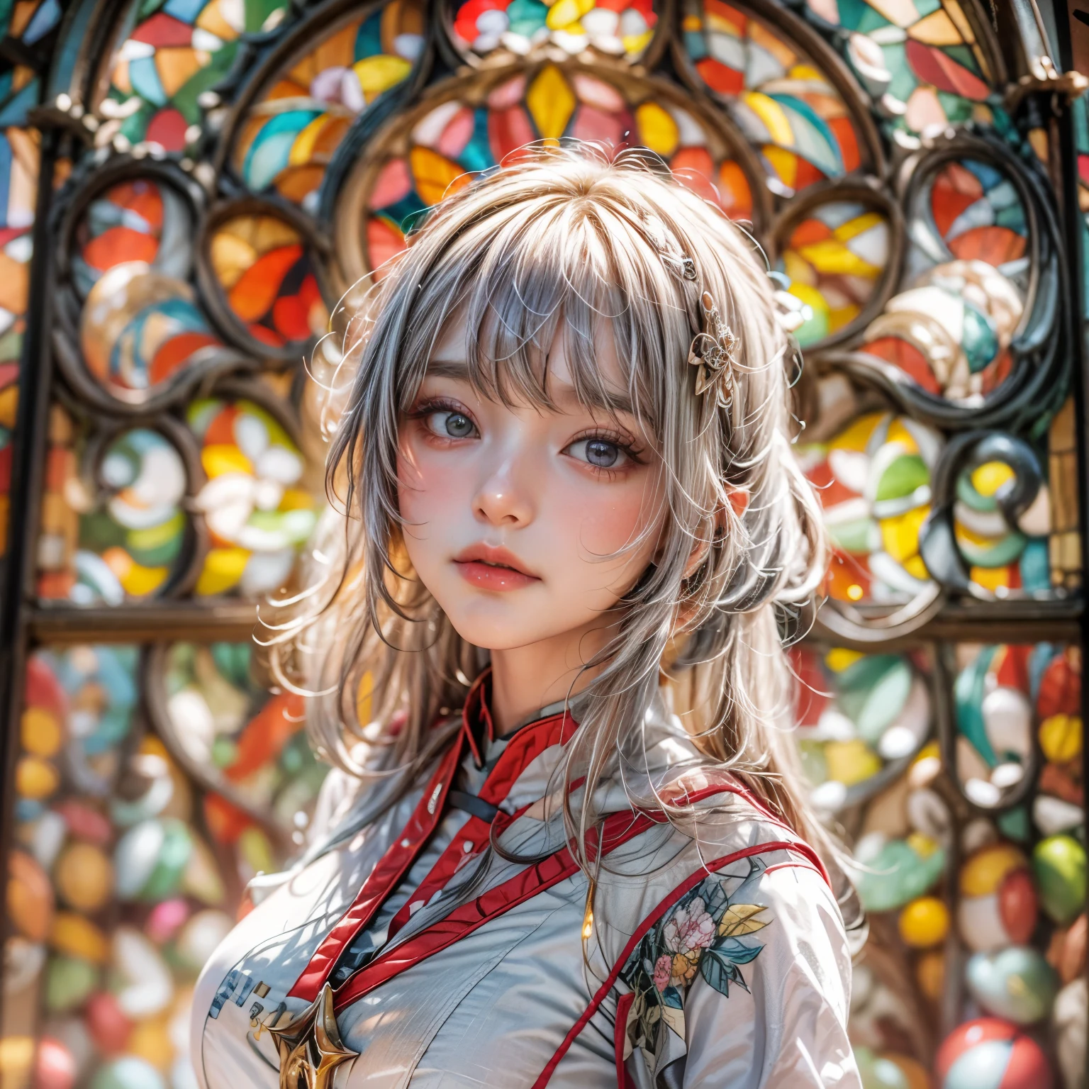 KAWAII girl in ((WHITE)) (loose opened uniform), with Glossy RED lips, (Exposed:0.9), (nipple:-1), { Extremely closeup | Dynamic-angle }, ((Dazzling stained glass Background)), (( colorful Light pours down from stunning elaborate stained glass:1.2)), vivid Red colors . ((Acutance:0.8, physically-based 3D rendering with Volumetric lighting)), (masterpiece:1.2), (ultra-detailed:1.35), (realistic, photorealistic, ((photo-realistic:1.37))with touch of rawness) . ((Renbutsu Misako)), (Extremely detailed KAWAII face variations, with Dynamic expressions),  detailed eyes with sparkling highlights, captivating gaze, long eyelashes, subtle blush on the face, rosy cheeks, impeccable ivory skin texture . { full of flowers covering girl's body | Mystic sight | God rays | haze | Light Particle | Luminous Particle | Lens Flare | A Halo in the air | Overflowing underboob | Button Undoned } . (((Unaligned fingers:-0.9))) .