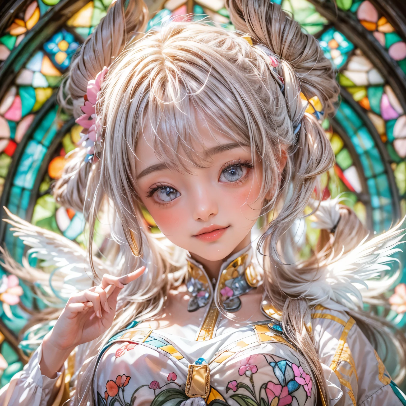 KAWAII girl in ((WHITE)) (loose opened uniform), with Glossy RED lips, (Exposed:0.9), (nipple:-1), { Extremely closeup | Dynamic-angle }, ((Dazzling stained glass Background)), (( colorful Light pours down from stunning elaborate stained glass:1.2)), vivid Red colors . ((Acutance:0.8, physically-based 3D rendering with Volumetric lighting)), (masterpiece:1.2), (ultra-detailed:1.35), (realistic, photorealistic, ((photo-realistic:1.37))with touch of rawness) . ((Renbutsu Misako)), (Extremely detailed KAWAII face variations, with Dynamic expressions),  (detailed eyes with sparkling highlights), captivating gaze, long eyelashes, subtle blush on the face, rosy cheeks, impeccable ivory skin texture . { full of flowers covering girl's body | Mystic sight | God rays | haze | Light Particle | Luminous Particle | Lens Flare | A Halo in the air | Overflowing underboob | Button Undoned } . (((Unaligned fingers:-0.9))) .