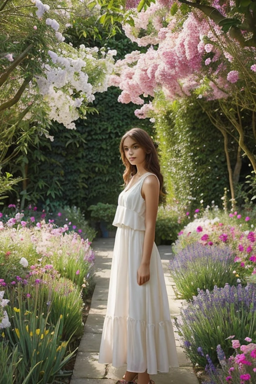 Une jeune femme dans un jardin secret, entourée d'une flore luxuriante et de papillons multicolores. La lumière filtrée crée une atmosphère sereine et apaisante. Le style de l'image est inspiré de la peinture à l'aquarelle