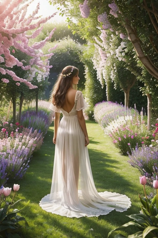 Une jeune femme dans un jardin secret, entourée d'une flore luxuriante et de papillons multicolores. La lumière filtrée crée une atmosphère sereine et apaisante. Le style de l'image est inspiré de la peinture à l'aquarelle