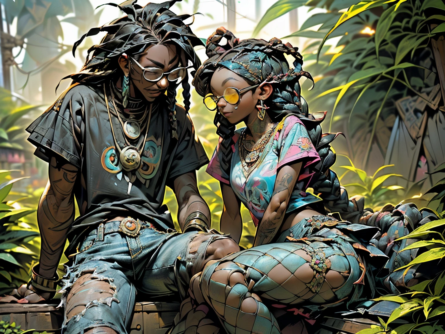 Photo of two people in love spending a quiet morning together, {((joyful ((lithe short ((dark-skinned Honduran)) punk girl with long freeform braided locs hairstyle)) (wearing cropped punk T-shirt and pleated skirt with fishnet stockings), plump thighs and soft big jiggly butt, (wearing amethyst jewel necklace), (cannabis flower tattoos on arms and legs), plump legs spread apart}, girl sitting next to a ((cheerful tanned Haitian Dominican boy with long braided hair and glasses wearing colorful "fire-breathing owl" shirt with tattered jeans)) in middle of garden rolling up herbal joint while peacefully observing the sunrise, high quality photo, sitting quietly (with many cannabis sativa plants and juniper shrubs in garden during foggy sunrise)