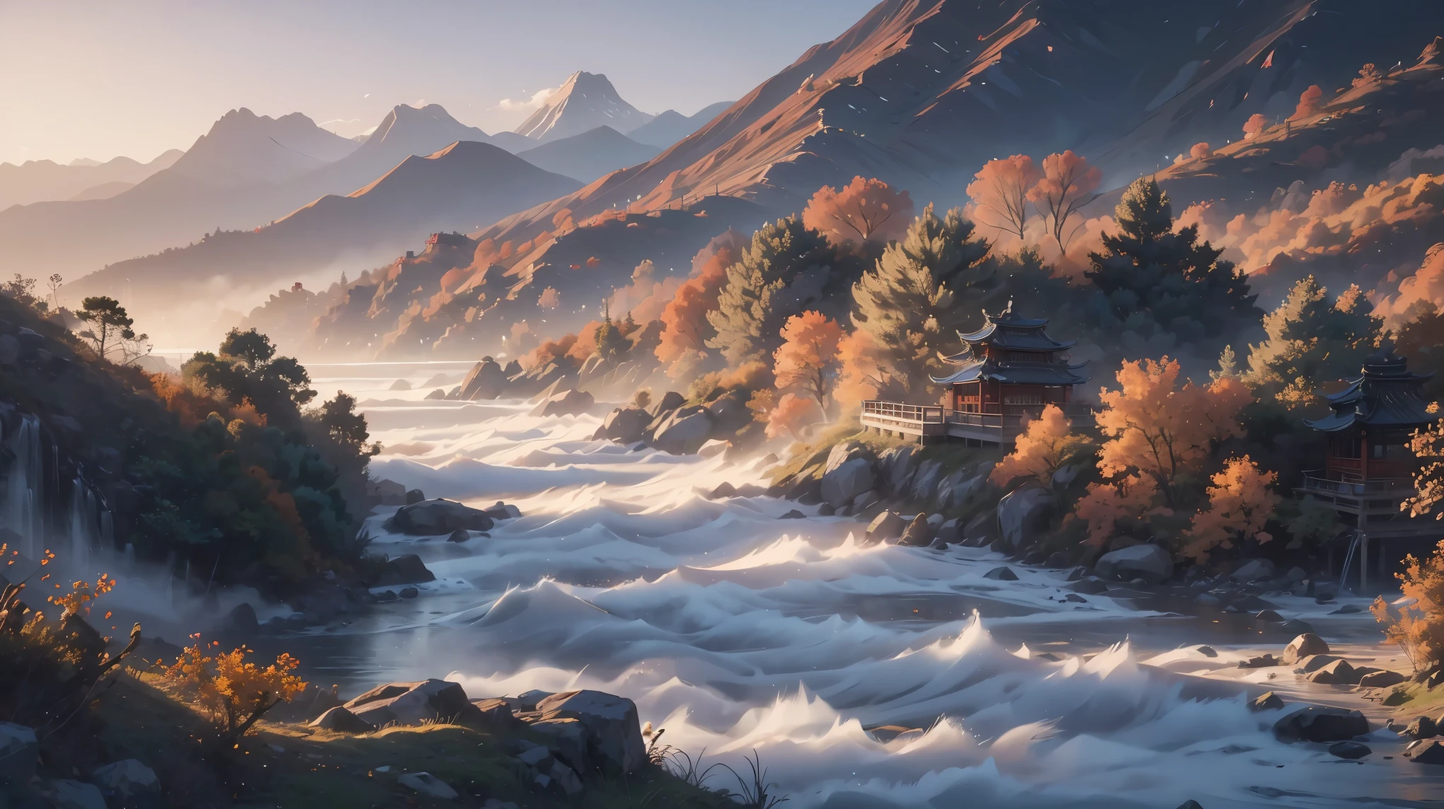 river, mountains, trees, autumn , leaves scattered around , windy , blue flowers,sky clouds , sunrise, chinese buildings far away