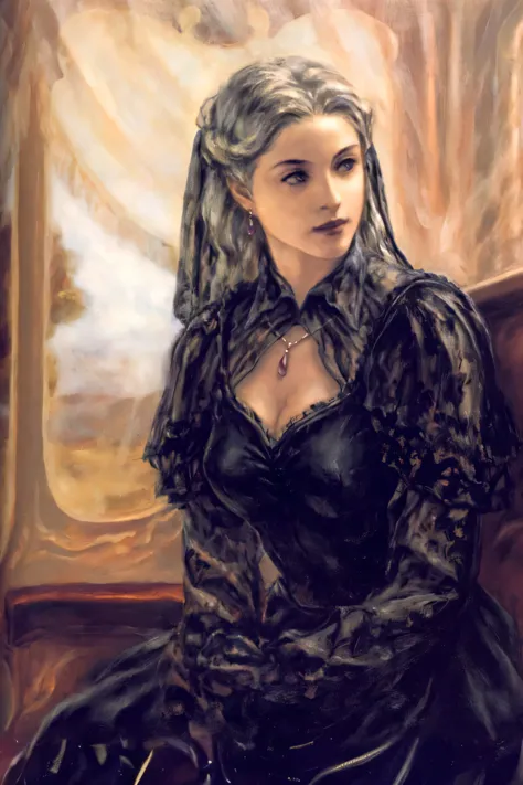 painting of a woman in a black dress sitting on a couch, oil painting of princess vulvine, magali villeneuve', fantasy victorian art, gothic princess portrait, masterpiece! portrait of arwen, an elegant gothic princess, portrait cersei lannister sit, gothi...