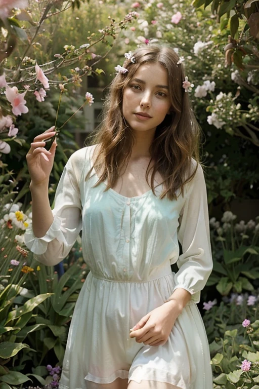 Une jeune femme dans un jardin secret, entourée d'une flore luxuriante et de papillons multicolores. La lumière filtrée crée une atmosphère sereine et apaisante. Le style de l'image est inspiré de la peinture à l'aquarelle