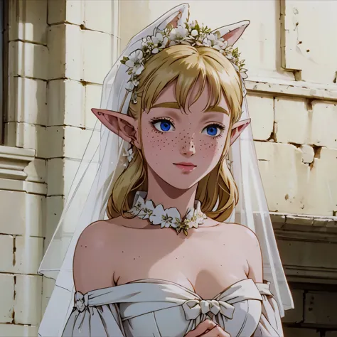 a beautiful blonde woman with elf ears and freckles, in a wedding dress