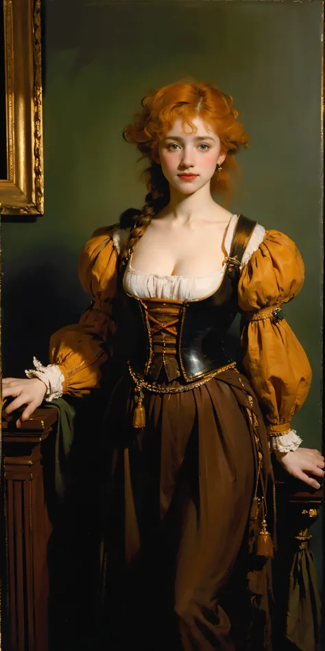  oil painting portrait of a young Irish woman, peasant , cleavage, orange hair, freckles, full body portrait, renaissance outfit...