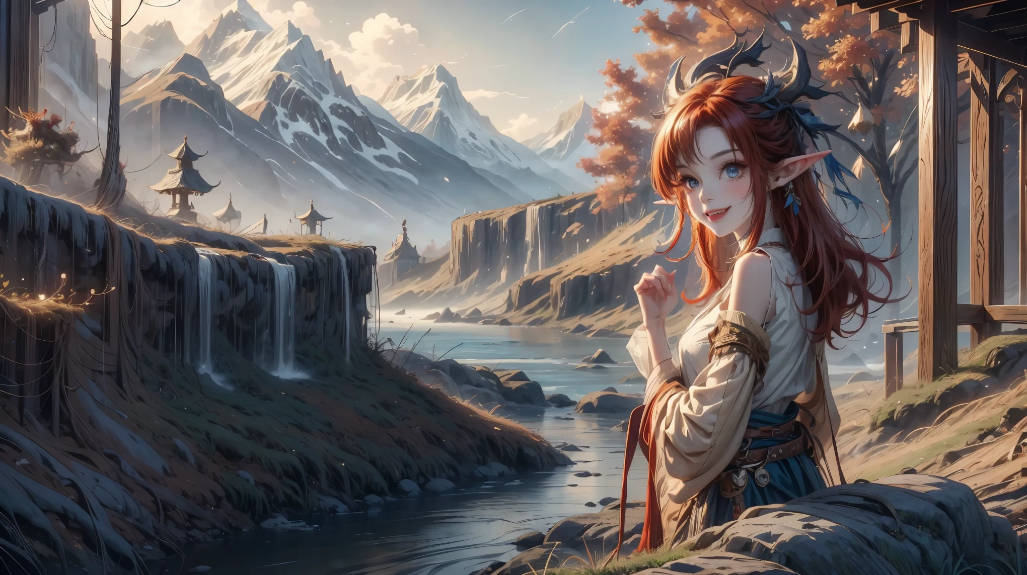 cowboy shot,elf ears, elf girl small waist, red hair , smiling, vintage clothing,fang teeth, background forest, mountain, river, mountains, trees, autumn , leaves scattered around , windy , blue flowers,sky clouds , sunrise, vivid colors, vibrant colors