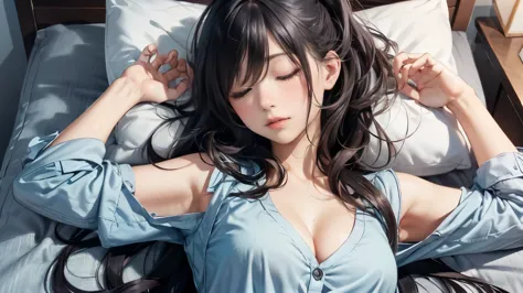 ((sleeping in bed)),((completely closed eyelids)),((girl１people)),((woman sleeping on a pillow)),((23 years old)),(8K, highest quality, masterpiece: 1.2),((1peopleで寝ている)), (realistic, photorealistic: 1.37), Super detailed, small breasts, beautiful and deta...