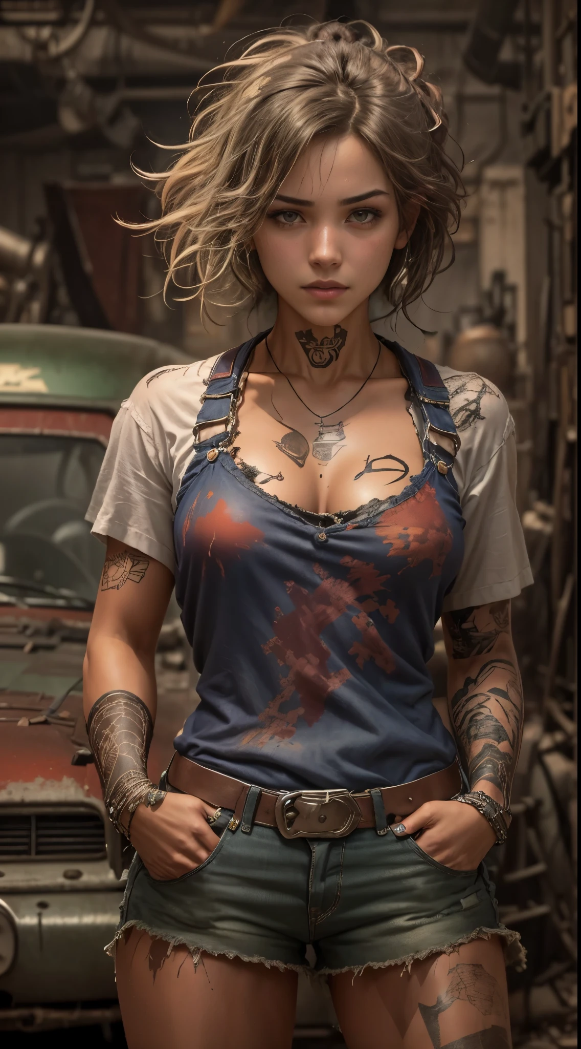 ((best quality)), ((masterpiece)), (detailed), mesmerizing and alluring female mechanic covered in grease, (Dirty and rugged charm:1.2), (tough and confident demeanor:1.1), (mechanical expertise:1.3), disheveled hair, smudged face with a playful smirk, stained overalls clinging to her curves, (gritty tools of the trade:1.2), cluttered repair shop, scattered car parts, (authentic automotive ambiance:1.2), (intense gaze:1.1), gripping a wrench in her dirty hands, 8k resolution,looking at another, looking away,( tattoo:1.2), masterpiece, best quality,